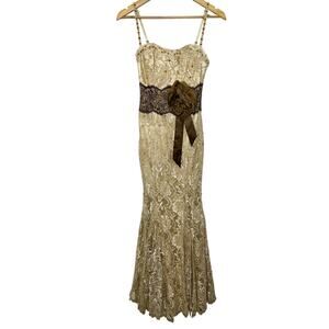 NWT Mandalay Cream Floral Lace Beaded Sequin Mermaid Evening Gown Dress Size 8